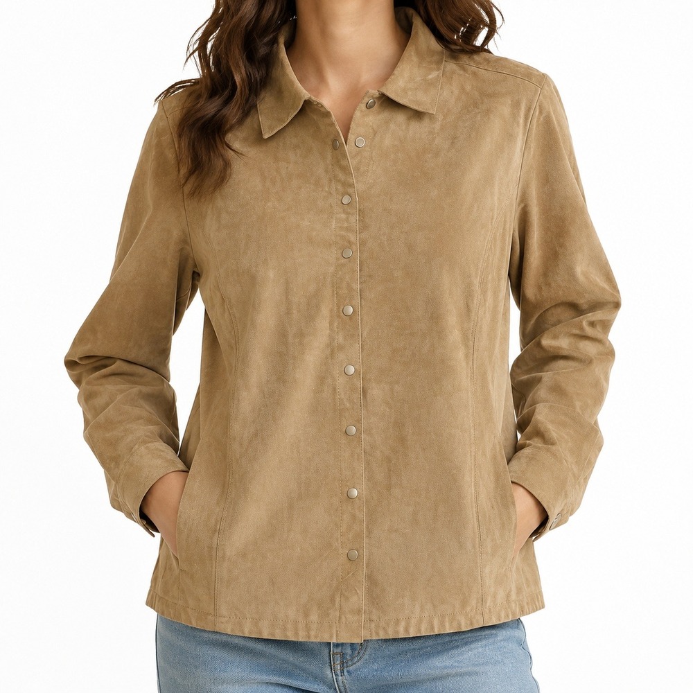 JL Studio Jacket Women 16W Tan Suede Leather Button Down Classic Coat